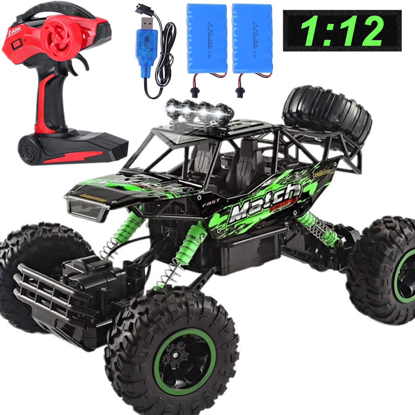 Yexmas 1:12 RC Cars Remote Control Car 4WD Monster Truck 2.4 GHz with 2 Batteries Gift for Boys Kids and Adults