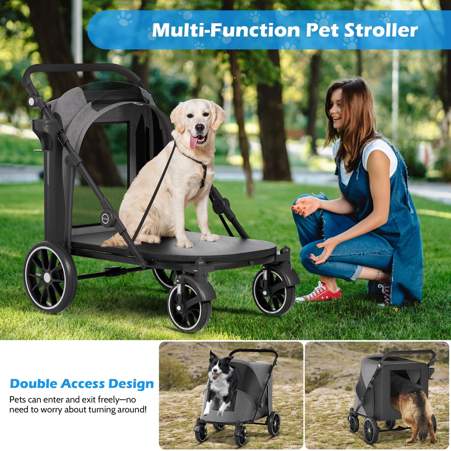 Zoolike Dog Stroller for Medium/Large Dogs One-Click Folding,Extra Large Pet Stroller with Storage Pocket,Cat Stroller with Shock Absorption，Black