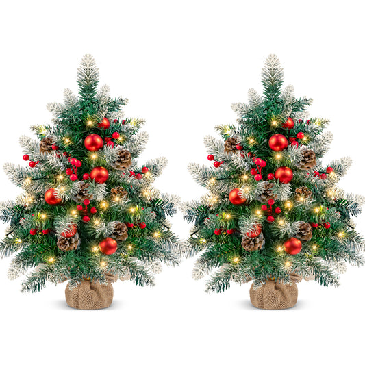 Yexmas 2pc 2ft Table Top Christmas Tree Prelit, Mini Artificial Christmas Tree with Lights & Berries & Pinecones