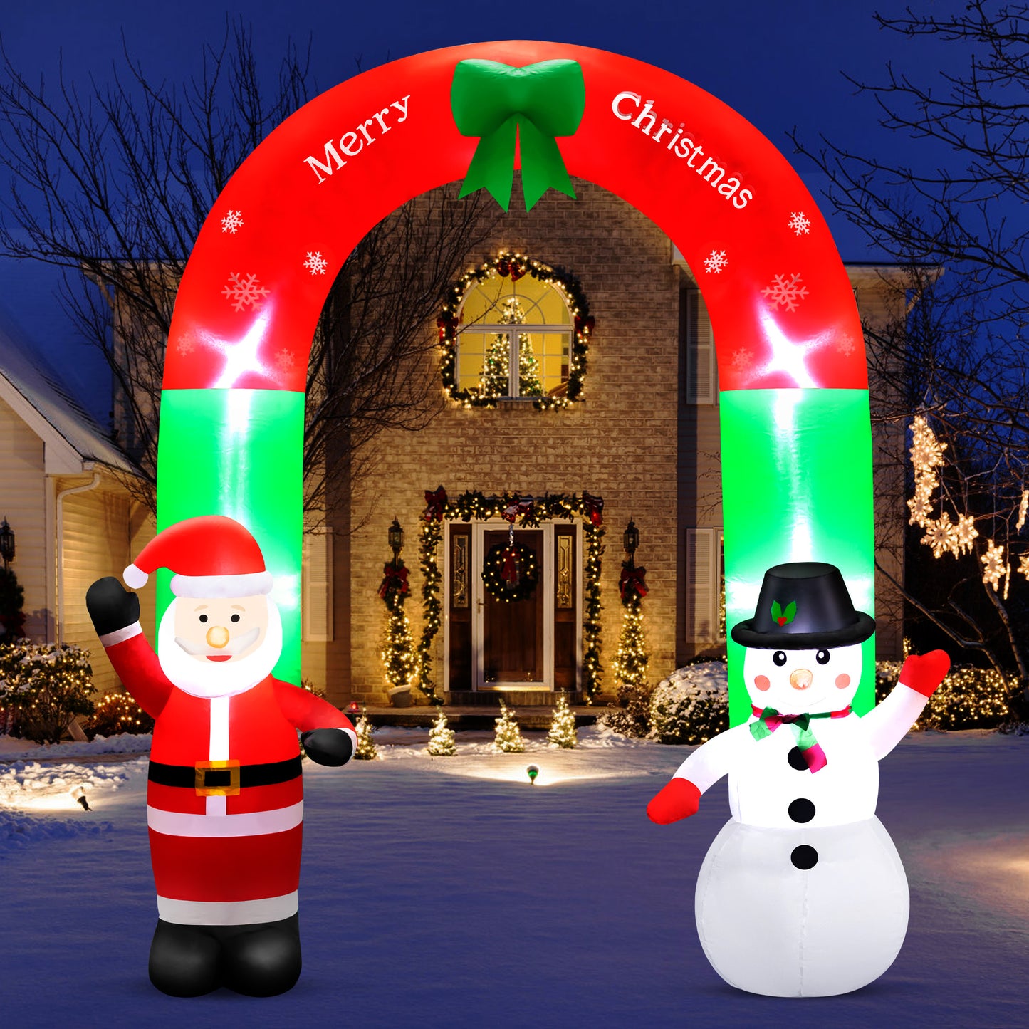 Yexmas 8FT Christmas Inflatable Archway,Christmas Blow Up Yard Decorations with Santa Claus and Snowman,Outdoor Christmas Decorations with Bow LED Lights