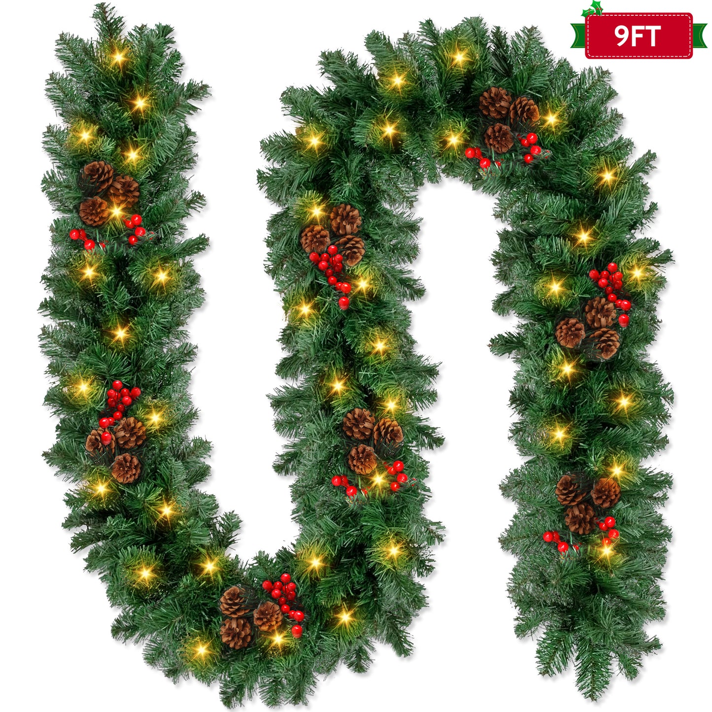 Yexmas 9ft Large Christmas Garland, Multi-Purpose Xmas Wreath with 60 LED Lights, Decorated with Pinecones, Berry Clusters, Battery Operated