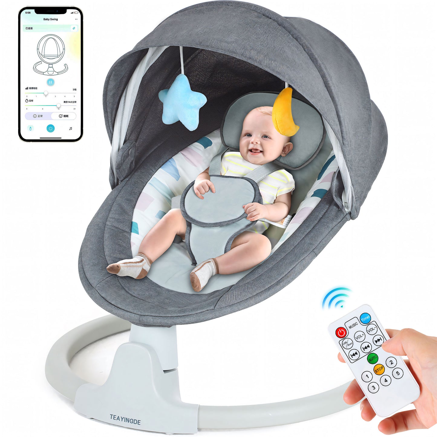 TEAYINGDE Baby Swing for Infants APP Remote Bluetooth Control 5 Speed 10 Lullabies USB Plug