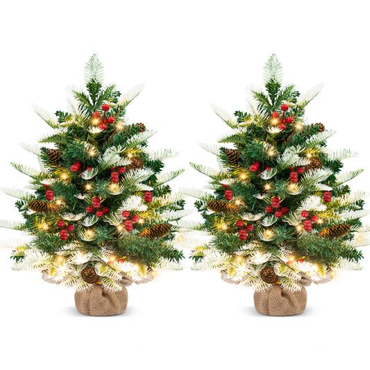 Yexmas 2pc 2ft Table Top Christmas Tree Prelit, Mini Artificial Christmas Tree with Lights & Berries & Pinecones