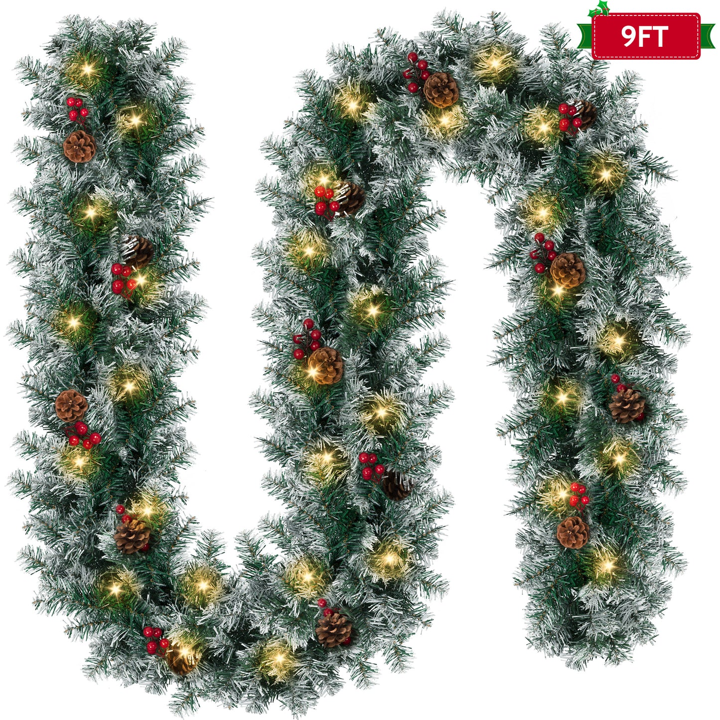 Yexmas 9ft Large Christmas Garland, Multi-Purpose Xmas Wreath with 60 LED Lights, Decorated with Pinecones, Berry Clusters, Battery Operated