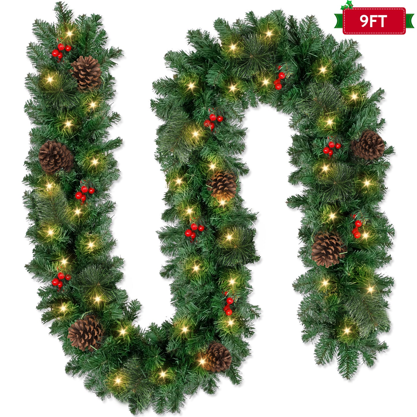 Yexmas 9ft Large Christmas Garland, Multi-Purpose Xmas Wreath with 60 LED Lights, Decorated with Pinecones, Berry Clusters, Battery Operated