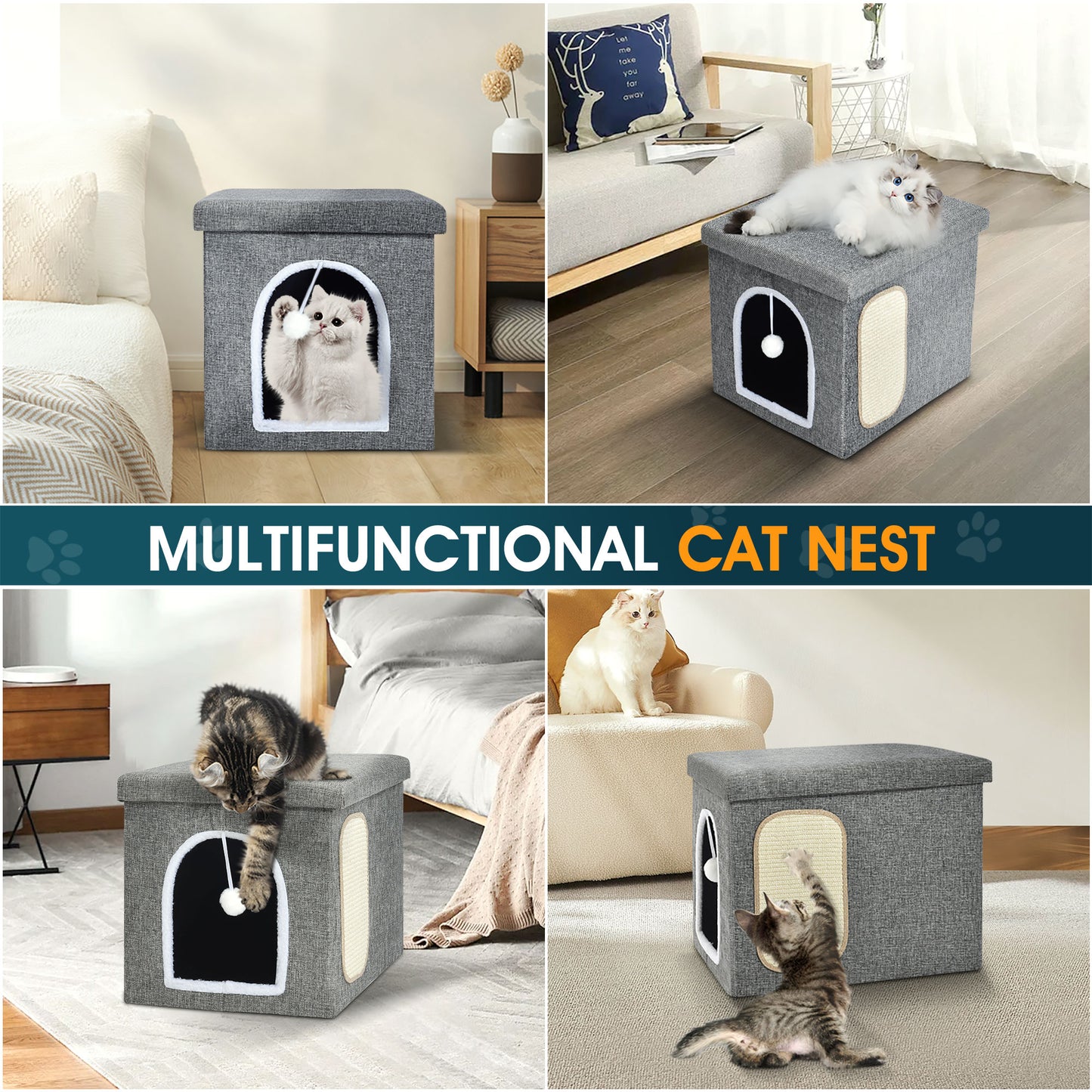 Zoolike Foldable Cat Bed for Indoor Cats, Large Cat Cube for Pet Cat House with Cat Scratch Board & Cat Ball