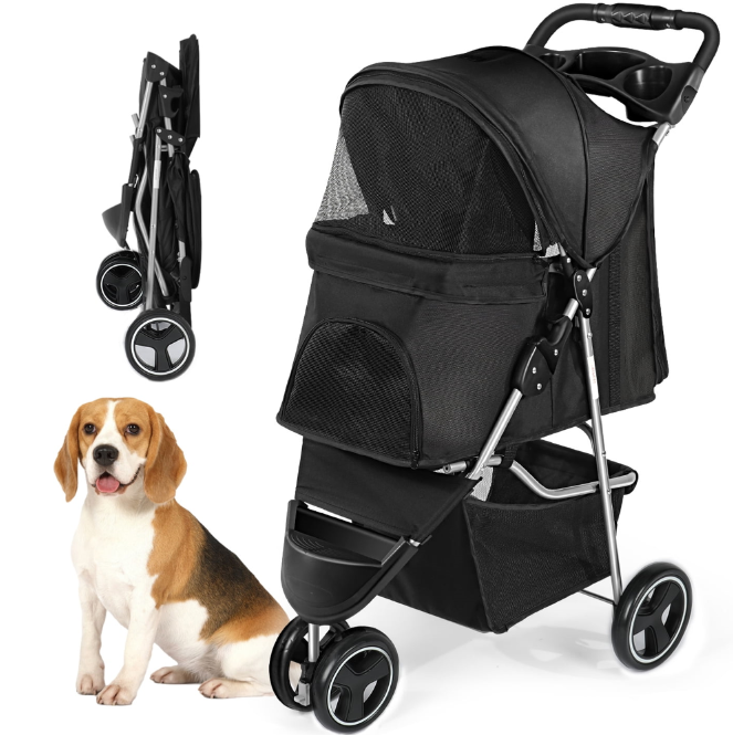 Zoolike Dog Stroller, Pet Travel Folding Carrier with Storage Basket for Cat/Dog, 3 Wheels, Black