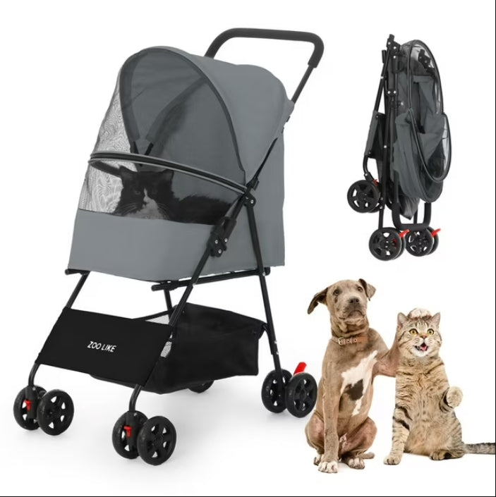 Zoolike Pet Stroller Cat Dog Cage Stroller Travel Folding Carrier，Foldable Carrier Strolling Cart for Small Medium Dog, Cat W/ Storage Basket ,Safety Tether