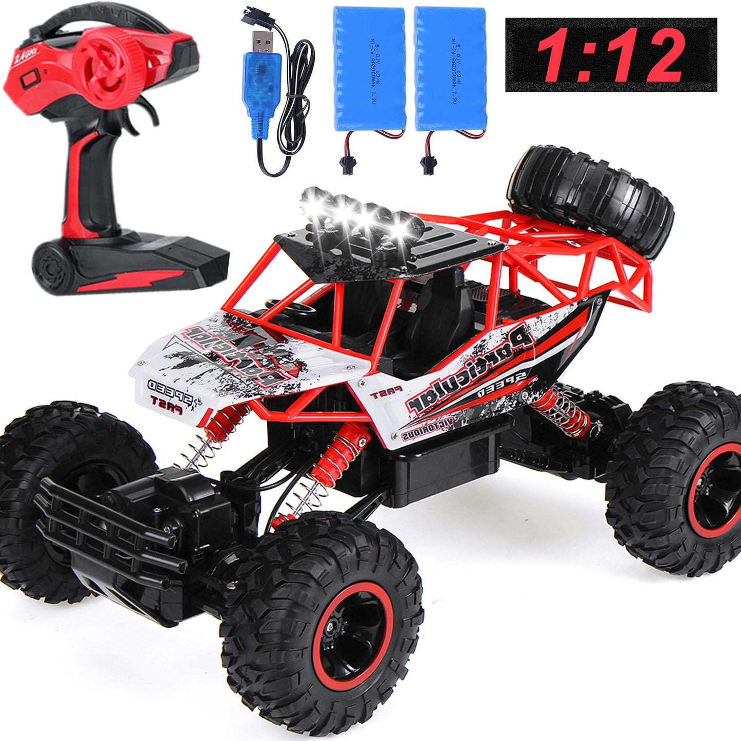 Yexmas 1:12 RC Cars Remote Control Car 4WD Monster Truck 2.4 GHz with 2 Batteries Gift for Boys Kids and Adults