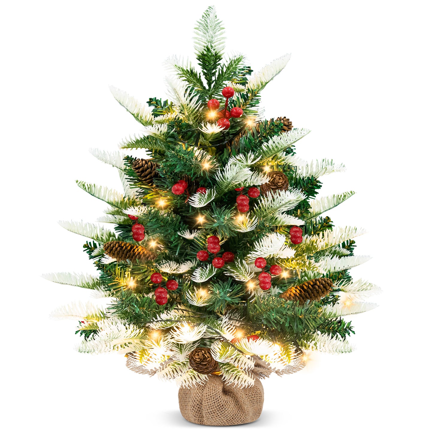 Yexmas 2pc 2ft Table Top Christmas Tree Prelit, Mini Artificial Christmas Tree with Lights & Berries & Pinecones