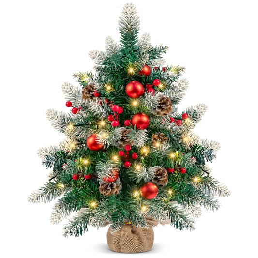 Yexmas 1pc 2ft Table Top Christmas Tree Prelit, Mini Artificial Christmas Tree with Lights & Berries & Pinecones