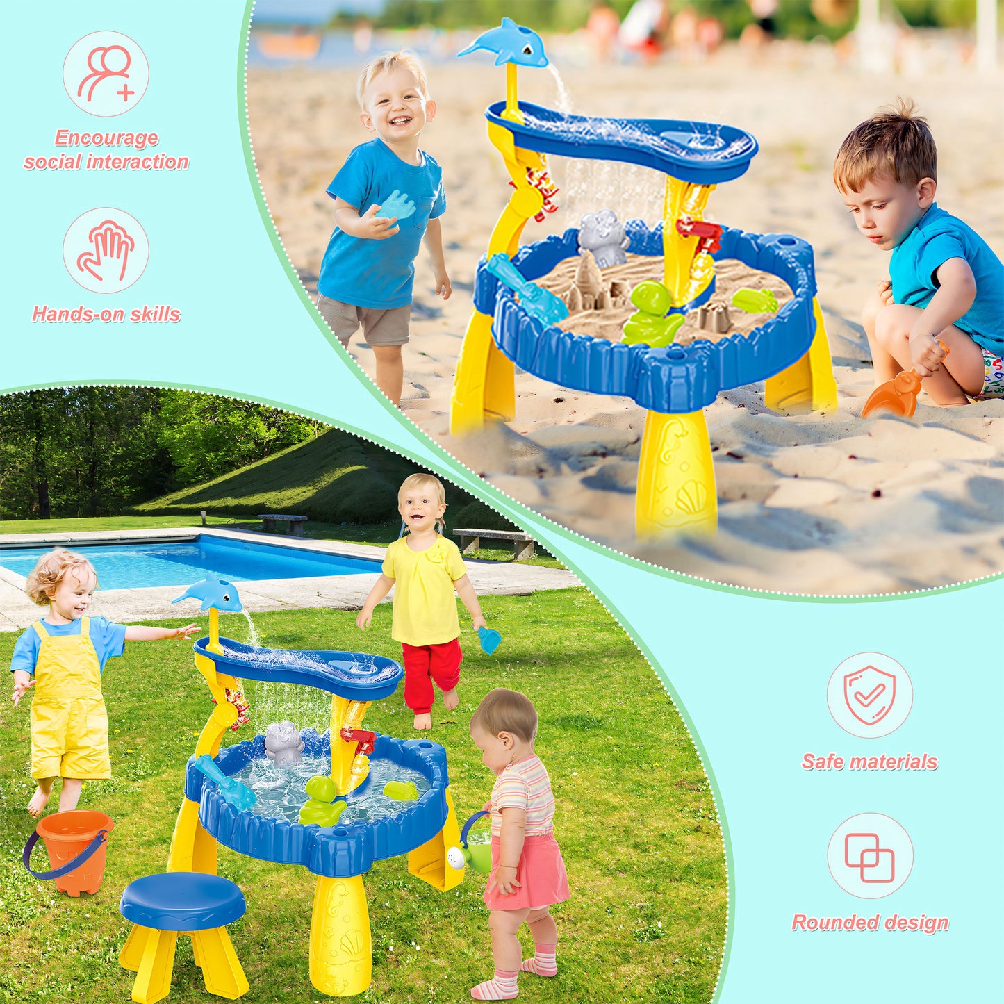 Yexmas Sand Water Table for Toddlers, 2-Tier Sand and Water Play Table Toys for Toddlers Kids, Activity Sensory Tables Outside Beach Toys for Toddler Boys Girls Age 1-3 3-5 Gift