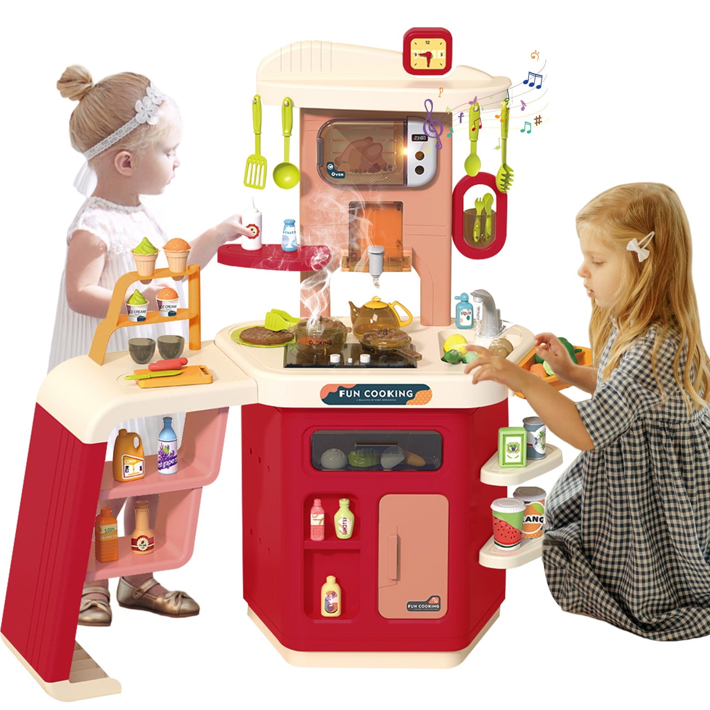 Yexmas Play Kitchen Set for Kids, 35 Inch Pretend Food Kitchen Toys for Toddlers, Kitchen Playset with Sound, Light, Spray Simulation, Kitchen Accessories Gift for Girls Boys Age 2 3 4 5 6 7