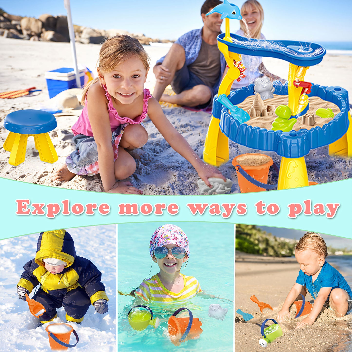 Yexmas Sand Water Table for Toddlers, 2-Tier Sand and Water Play Table Toys for Toddlers Kids, Activity Sensory Tables Outside Beach Toys for Toddler Boys Girls Age 1-3 3-5 Gift