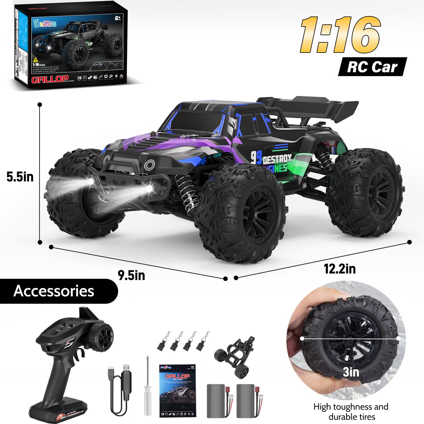 Yexmas 1:16 Scale Fast Large RC Car,40KM/H All Terrain High Speed Remote Control Car, 4x4 RC Truck with 60 Min Runtime,2 Batteries,Gifts Toys for Kids & Adults,Black