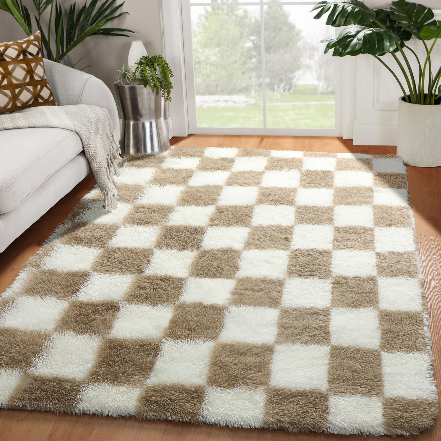 CozyDesg Light Area Rug，5' x 8',Beige & White