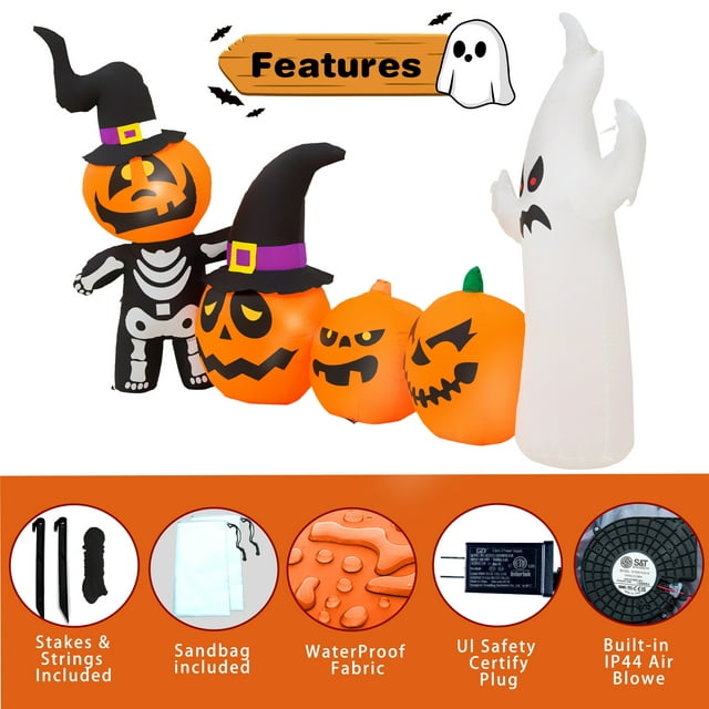 Yexmas Halloween Inflatables, 9 FT Long 4 Pumpkins with Cute White Ghost Outdoor Decorations, Built-in LEDs, Blow Up Party, Waterproof Yard, Garden, Lawn Decor