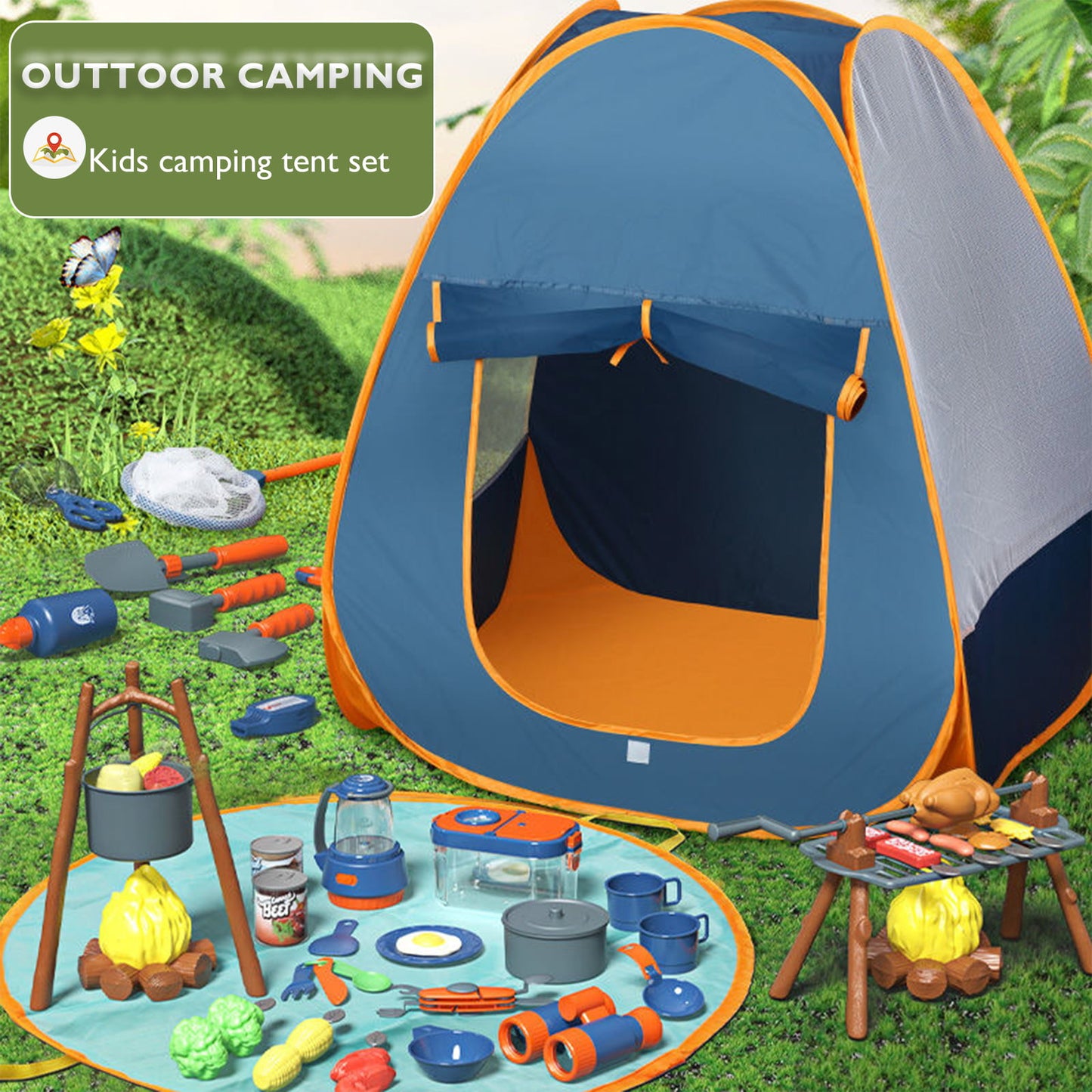 Yexmas Kids Camping Set with Tent 56pcs - Outdoor Campfire Toy Set for Toddlers Kids Boys Girls - Pretend Play Camp Gear Tools