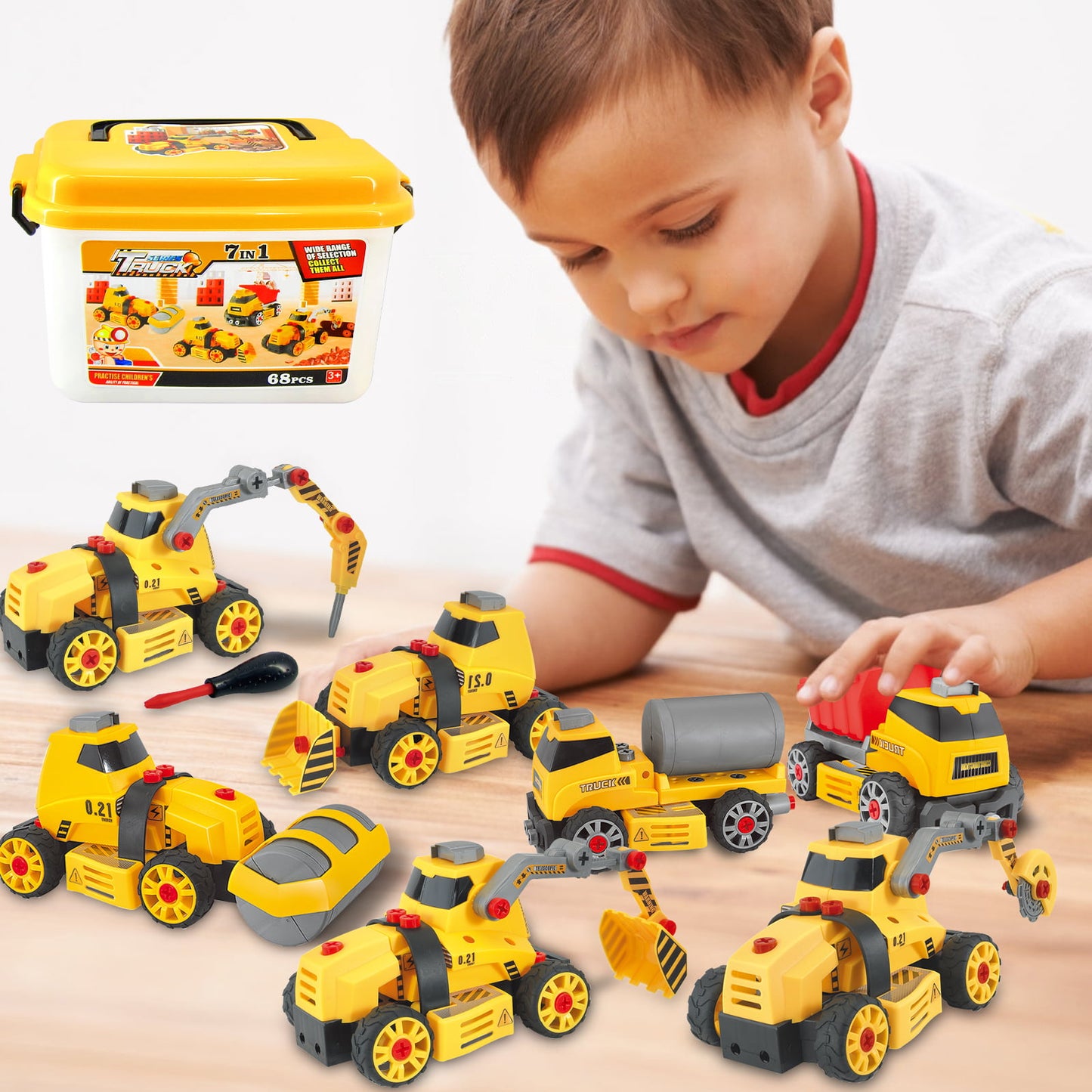 Yexmas 7-in-1 Take Apart Construction Truck Toy with Storage Box – STEM Learning Toy & DIY Building Play Set for 4 - 5 -6 - 7 - 8 Years Kids Boys Girls