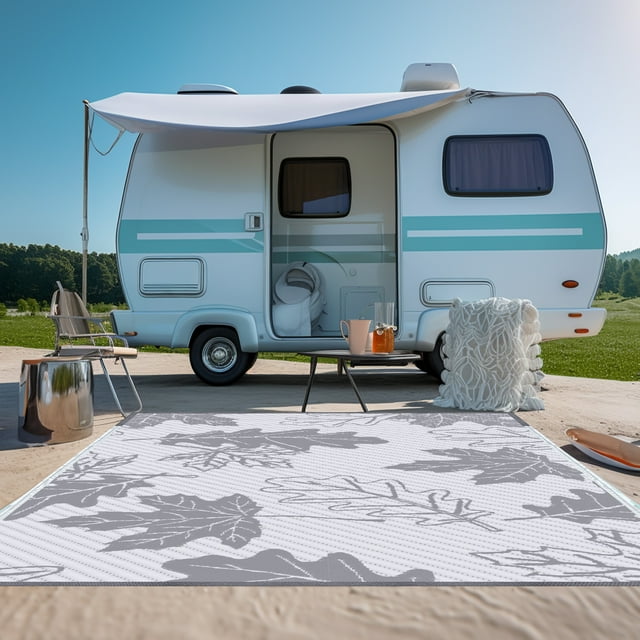 CozyDesg Outdoor Rug Patio Straw Plastic Mat Deck Porch Camper Balcony Area Rug Mat Camping Rugs Waterproof Carpet White & Grey