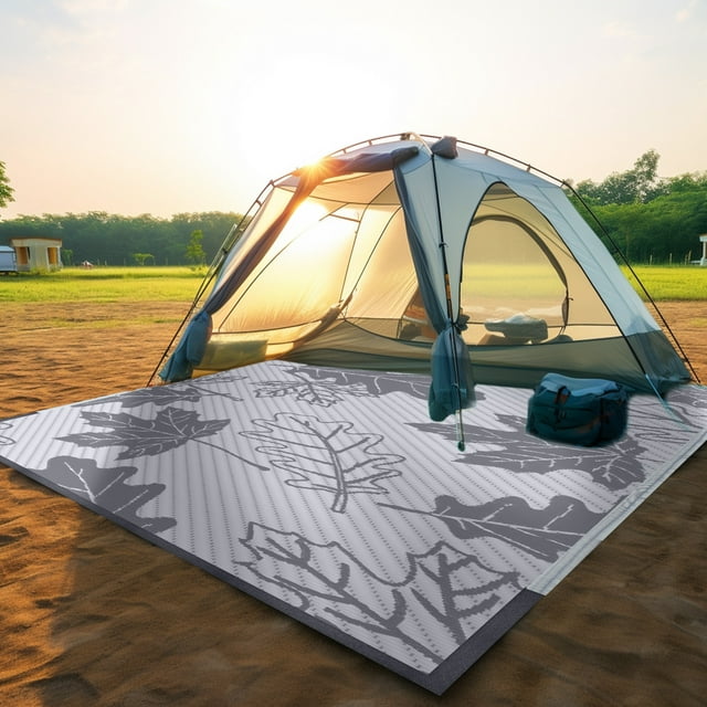 CozyDesg Outdoor Rug Patio Straw Plastic Mat Deck Porch Camper Balcony Area Rug Mat Camping Rugs Waterproof Carpet White & Grey