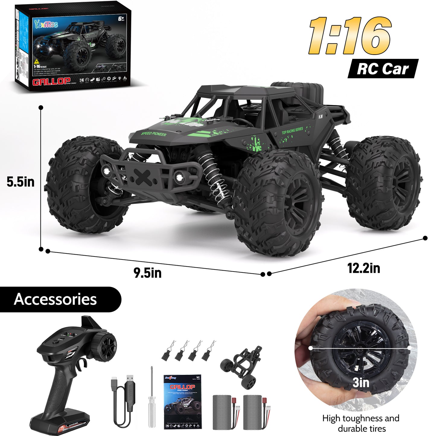 Yexmas 1:16 Scale Fast Large RC Car,40KM/H All Terrain High Speed Remote Control Car, 4x4 RC Truck with 60 Min Runtime,2 Batteries,Gifts Toys for Kids & Adults,Black