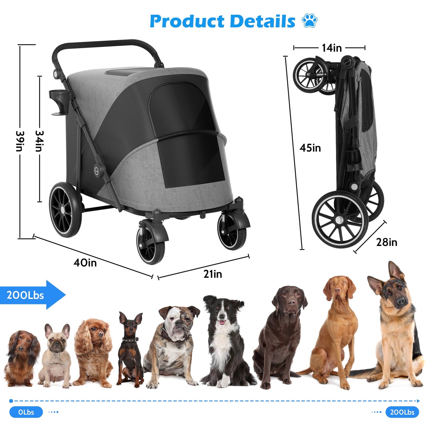 Zoolike Dog Stroller for Medium/Large Dogs One-Click Folding,Extra Large Pet Stroller with Storage Pocket,Cat Stroller with Shock Absorption，Black