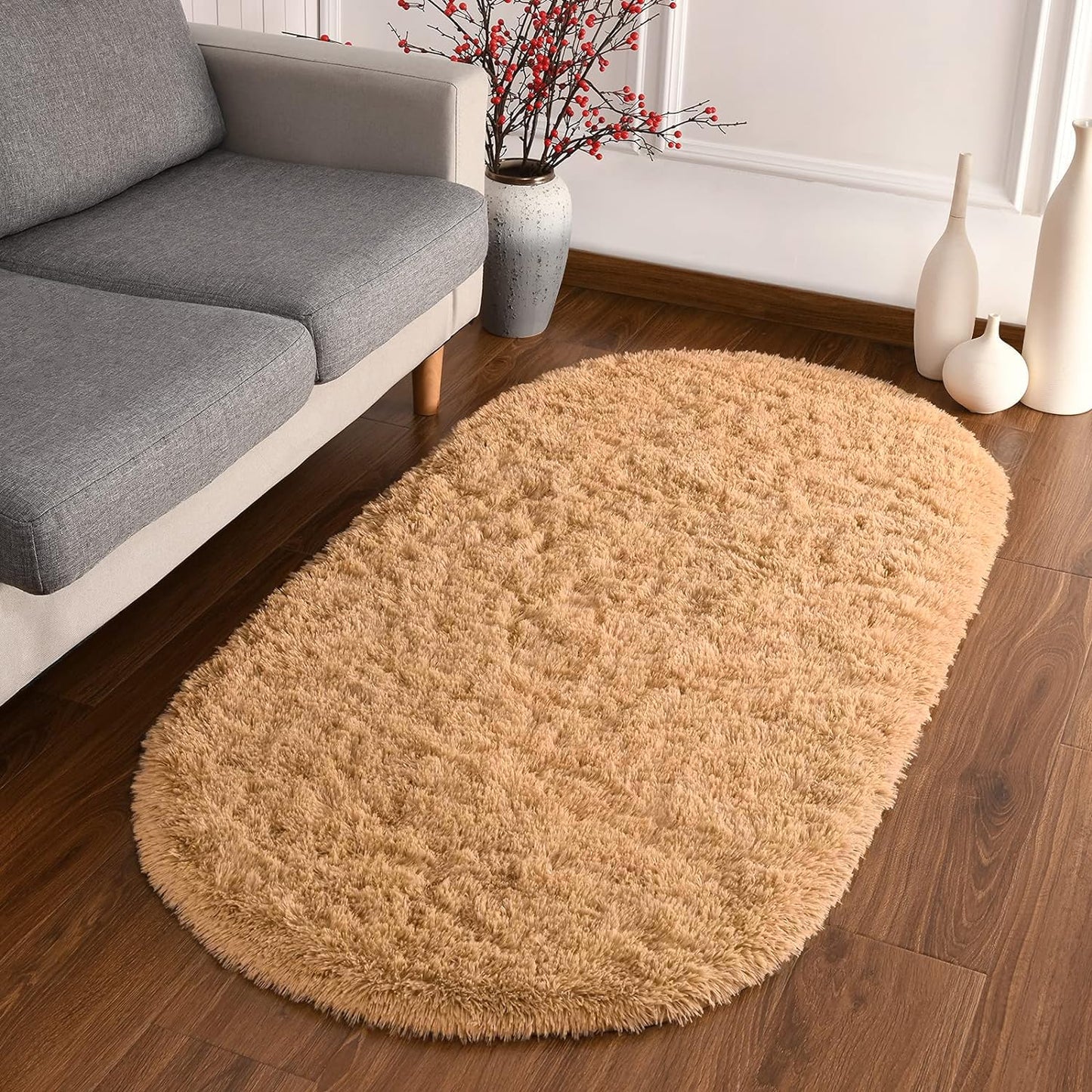 CozyDesg Oval Fluffy Ultra Soft Area Rugs, 2 x 5ft，Khaki