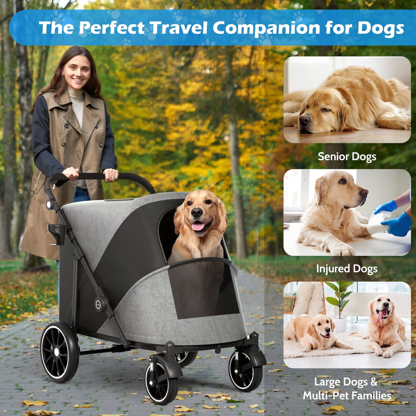 Zoolike Dog Stroller for Medium/Large Dogs One-Click Folding,Extra Large Pet Stroller with Storage Pocket,Cat Stroller with Shock Absorption，Black