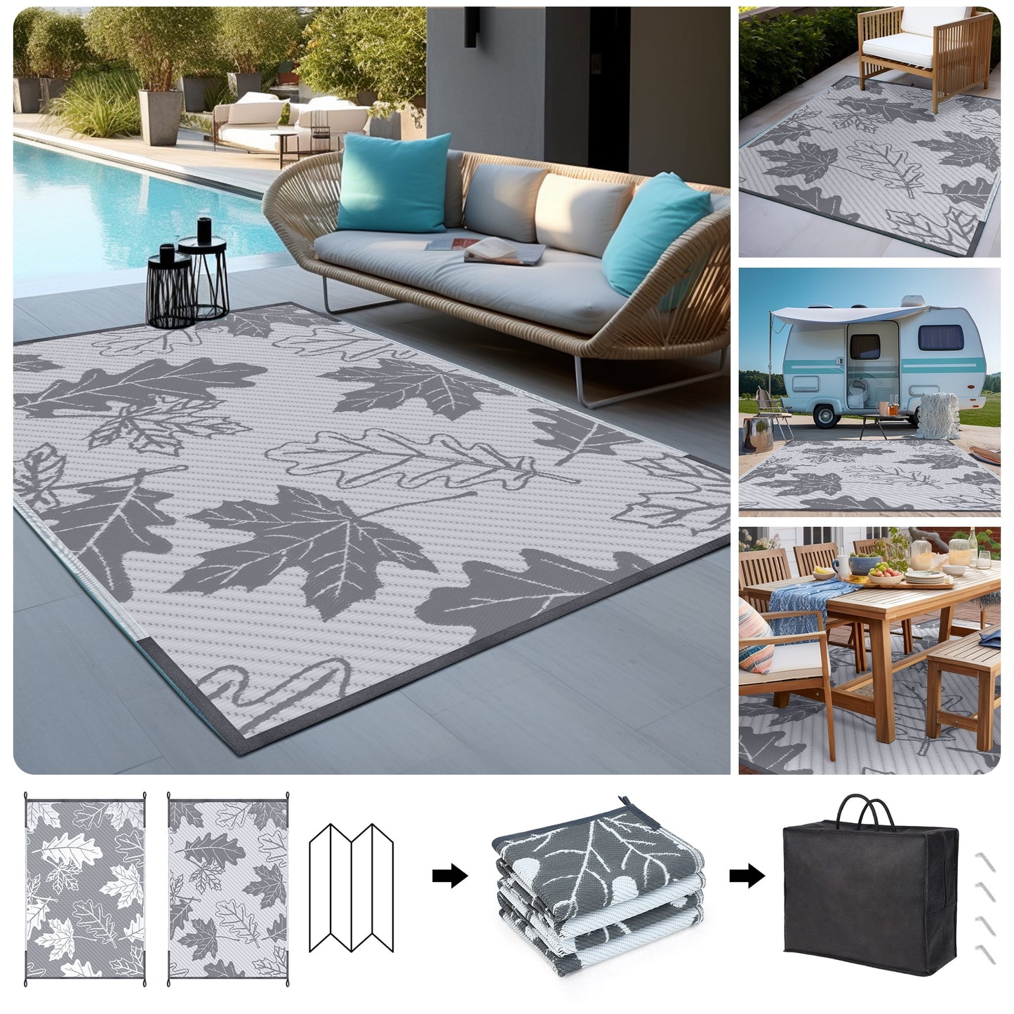 CozyDesg Outdoor Rug Patio Straw Plastic Mat Deck Porch Camper Balcony Area Rug Mat Camping Rugs Waterproof Carpet White & Grey