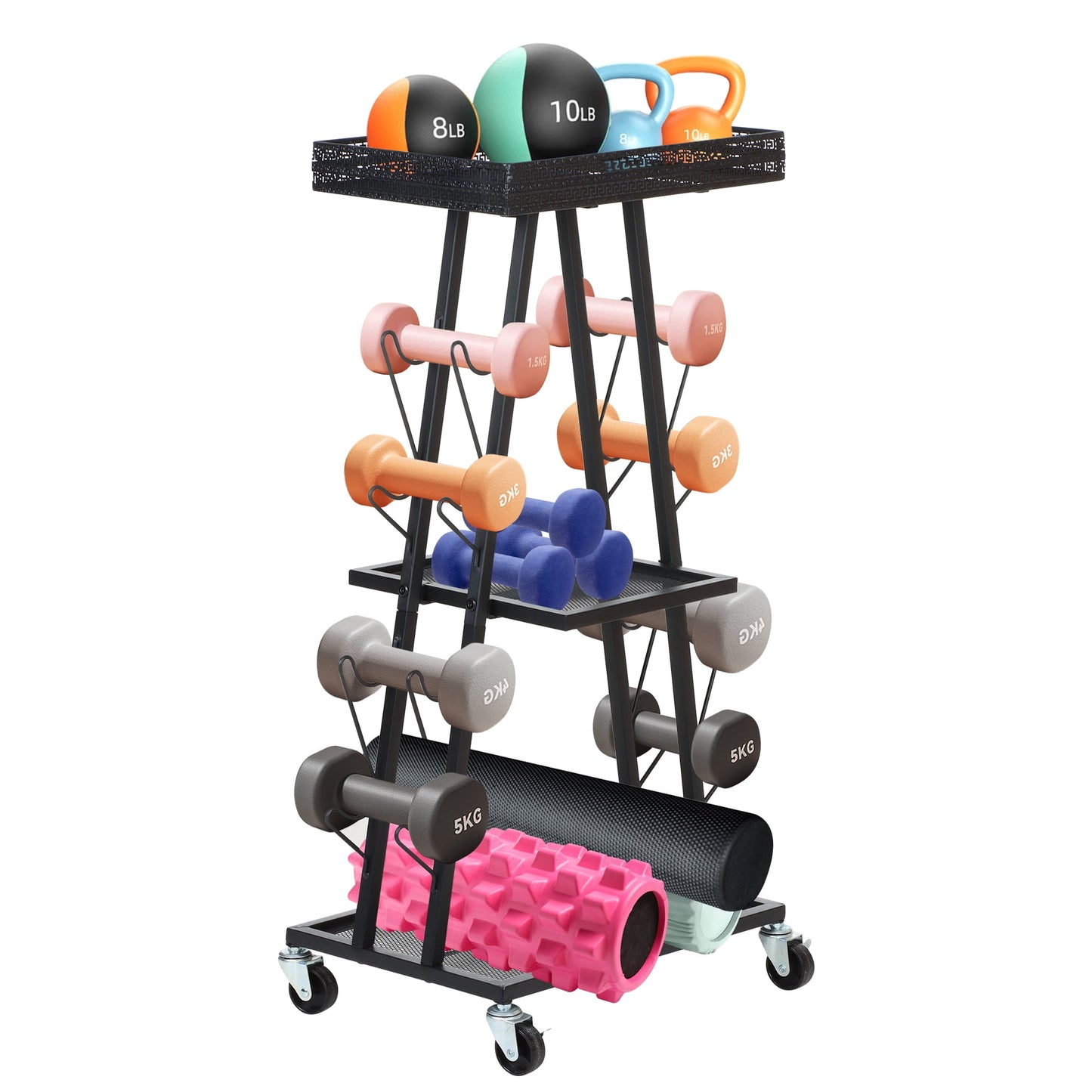 Yexmas Home Gym Storage Rack， All-in-one Weight Rack for Dumbbells、Kettlebells、Yoga Mats, Foam Rollers, Resistance Bands, Exercise Equipment Storage Organizer with Hooks and Basket，Black