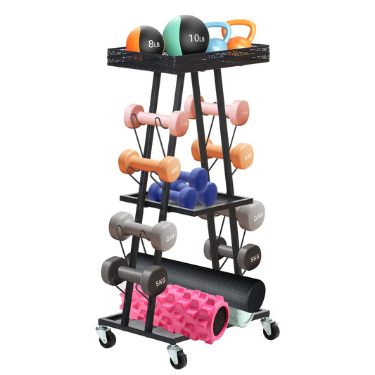 Yexmas Home Gym Storage Rack， All-in-one Weight Rack for Dumbbells、Kettlebells、Yoga Mats, Foam Rollers, Resistance Bands, Exercise Equipment Storage Organizer with Hooks and Basket，Black