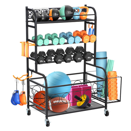 Yexmas Home Gym Storage Rack，All-in-one Weight Rack for Dumbbells，Kettlebells，Yoga Mats，Foam Rollers，Resistance Bands，Workout Equipment Storage Organizer with Hooks and Basket，Black