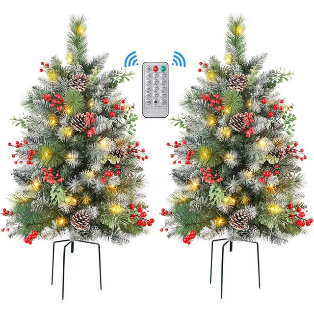 Yexmas Set of 2 Pre-lit Christmas Trees 24in Battery Powered Pathway Outdoor Decoration