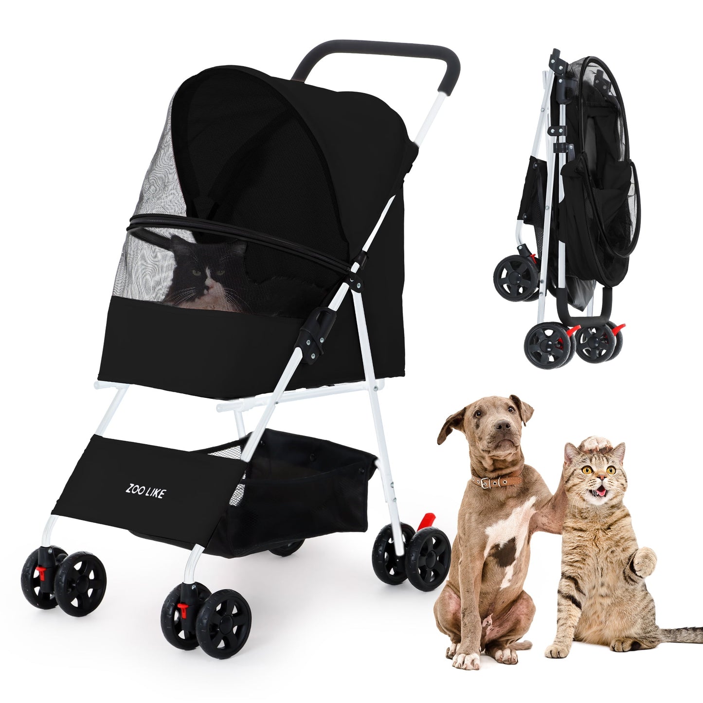 Zoolike Pet Stroller Cat Dog Cage Stroller Travel Folding Carrier，Foldable Carrier Strolling Cart for Small Medium Dog, Cat W/ Storage Basket ,Safety Tether