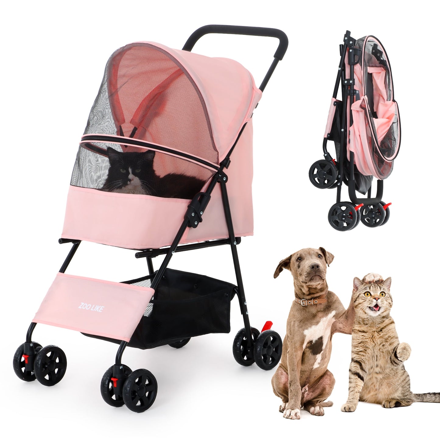 Zoolike Pet Stroller Cat Dog Cage Stroller Travel Folding Carrier，Foldable Carrier Strolling Cart for Small Medium Dog, Cat W/ Storage Basket ,Safety Tether