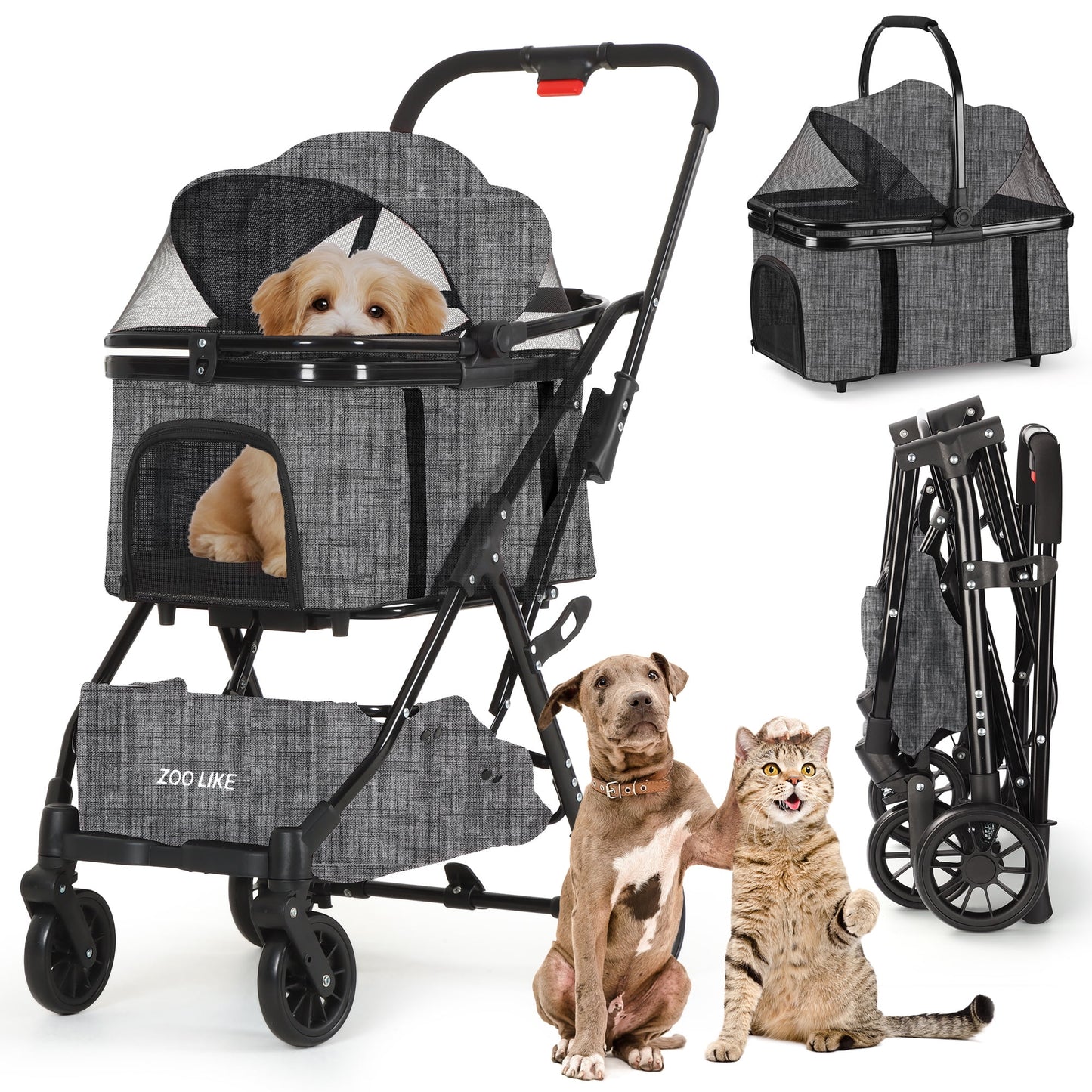 Zoolike Pet Stroller, Dog Cat Stroller 3-in-1 Detachable Doggy Stroller for Small Medium Dogs 4 Wheel Dog Travel Jogger Cart Cat Walker Foldable Wagons for Doggy Rabbit Puppy