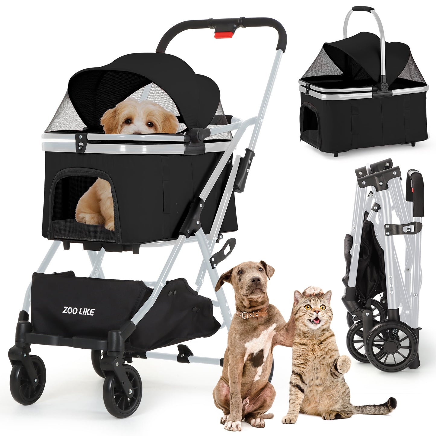 Zoolike Pet Stroller, Dog Cat Stroller 3-in-1 Detachable Doggy Stroller for Small Medium Dogs 4 Wheel Dog Travel Jogger Cart Cat Walker Foldable Wagons for Doggy Rabbit Puppy