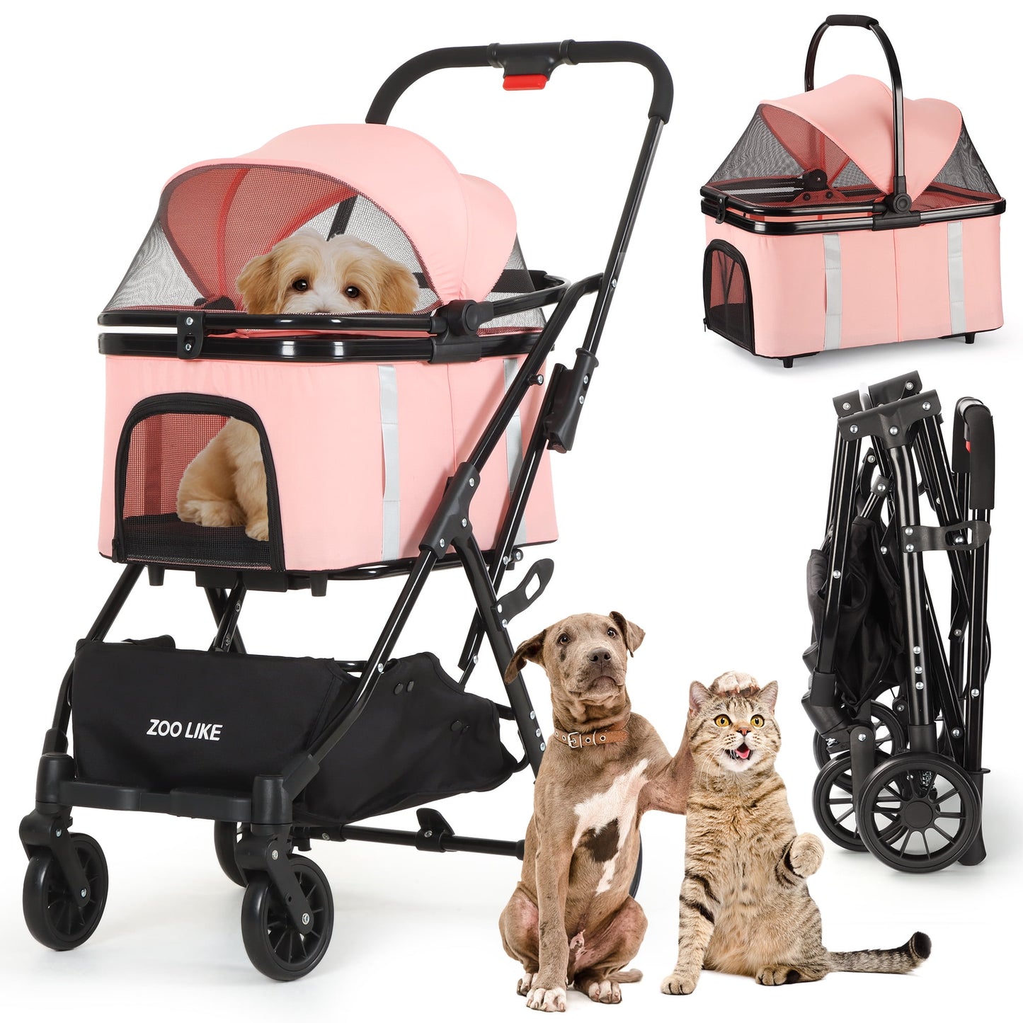 Zoolike Pet Stroller, Dog Cat Stroller 3-in-1 Detachable Doggy Stroller for Small Medium Dogs 4 Wheel Dog Travel Jogger Cart Cat Walker Foldable Wagons for Doggy Rabbit Puppy