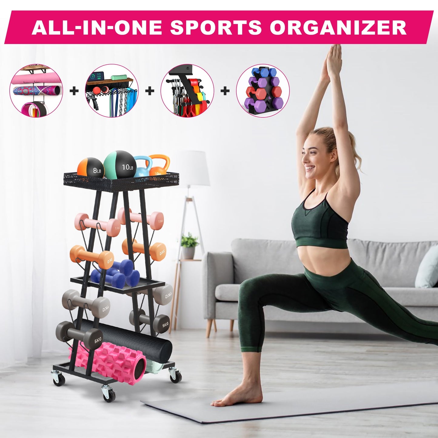 Yexmas Home Gym Storage Rack， All-in-one Weight Rack for Dumbbells、Kettlebells、Yoga Mats, Foam Rollers, Resistance Bands, Exercise Equipment Storage Organizer with Hooks and Basket，Black