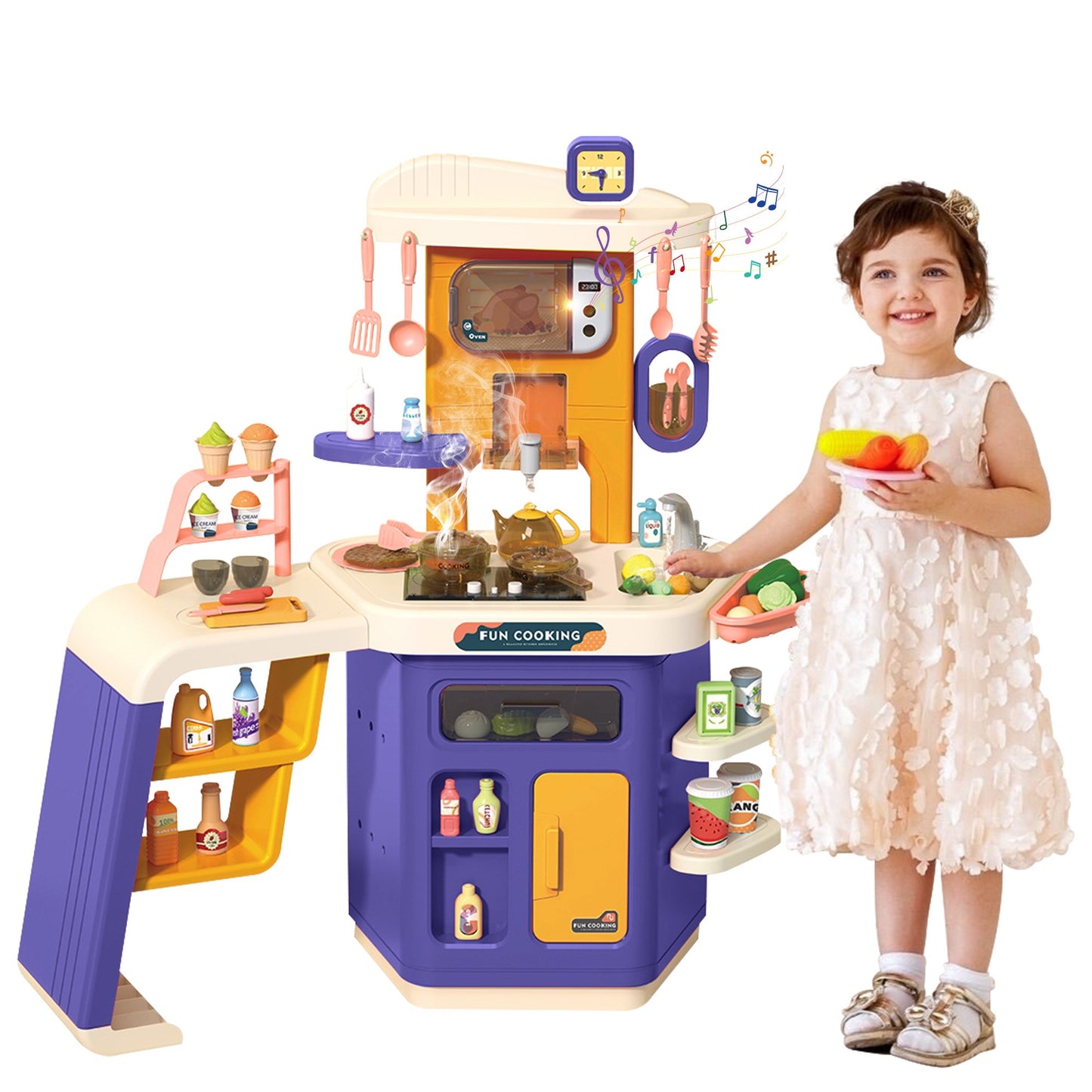 Yexmas Play Kitchen Set for Kids, 35 Inch Pretend Food Kitchen Toys for Toddlers, Kitchen Playset with Sound, Light, Spray Simulation, Kitchen Accessories Gift for Girls Boys Age 2 3 4 5 6 7