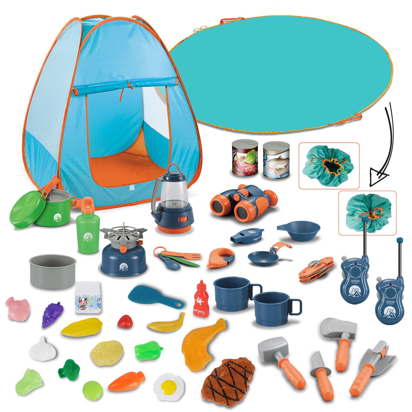 46 PCS Kids Camping Gear Set, Pop Up Play Tent with Kids Camping Gear Toys, Indoor and Outdoor Camping Tool Pretend Play Set for Boys & Girls Christmas Gift