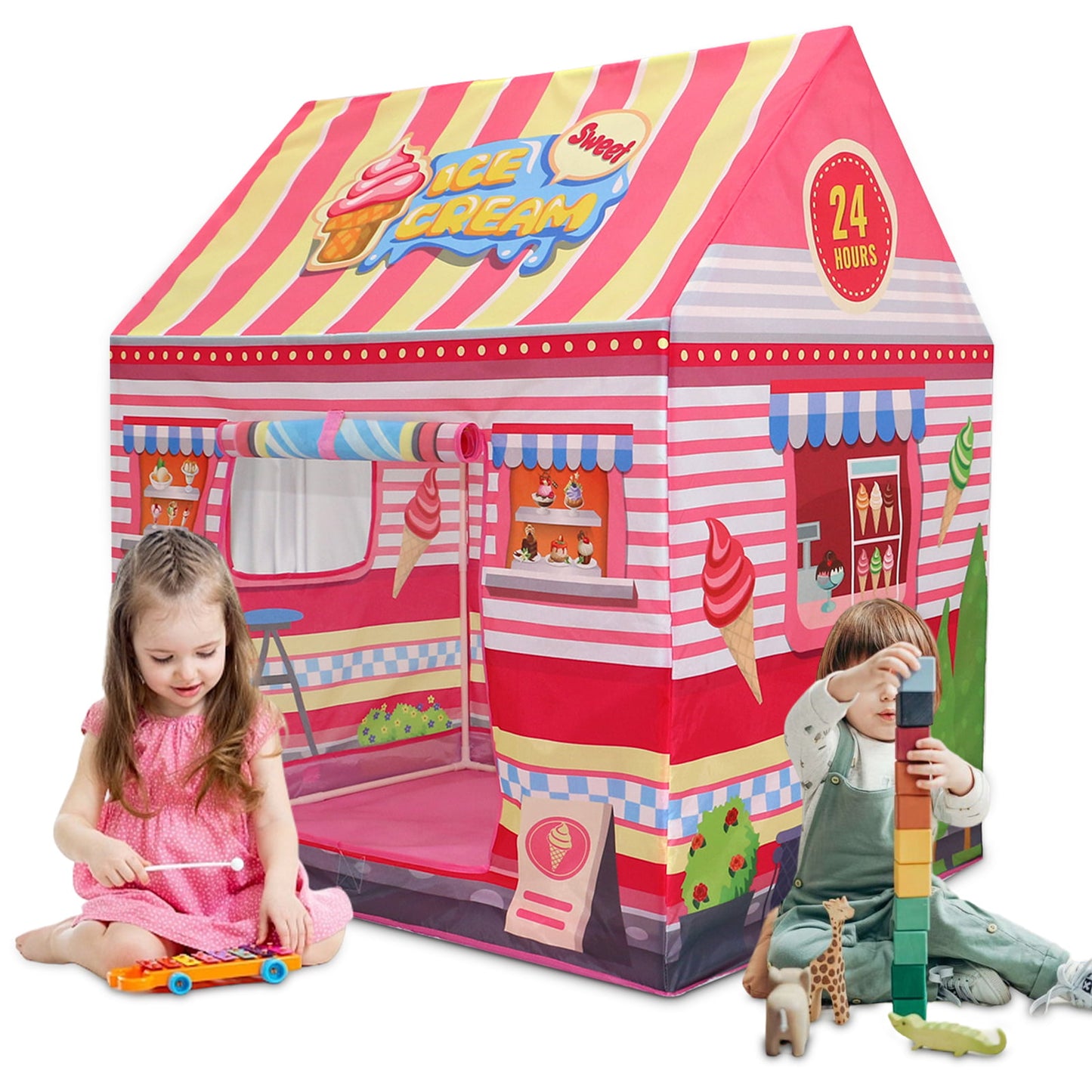 Yexmas Kids Play Tents Ice Cream House Play Tent for Boys Girls Toys for Indoor and Outdoor Portable Games Children Playhouse with Roll-up Door and Windows,Best Gift Christmas Birthday