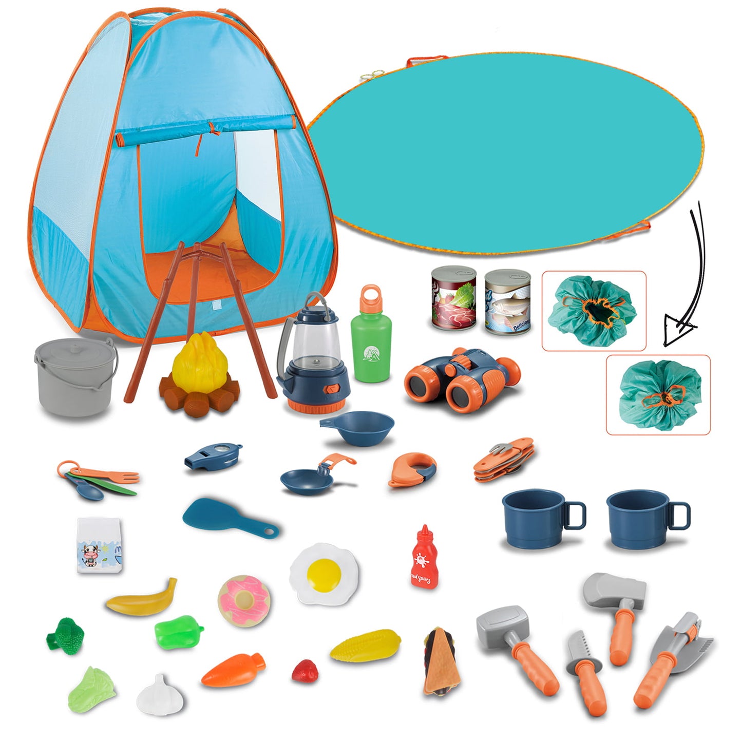 46 PCS Kids Camping Gear Set, Pop Up Play Tent with Kids Camping Gear Toys, Indoor and Outdoor Camping Tool Pretend Play Set for Boys & Girls Christmas Gift