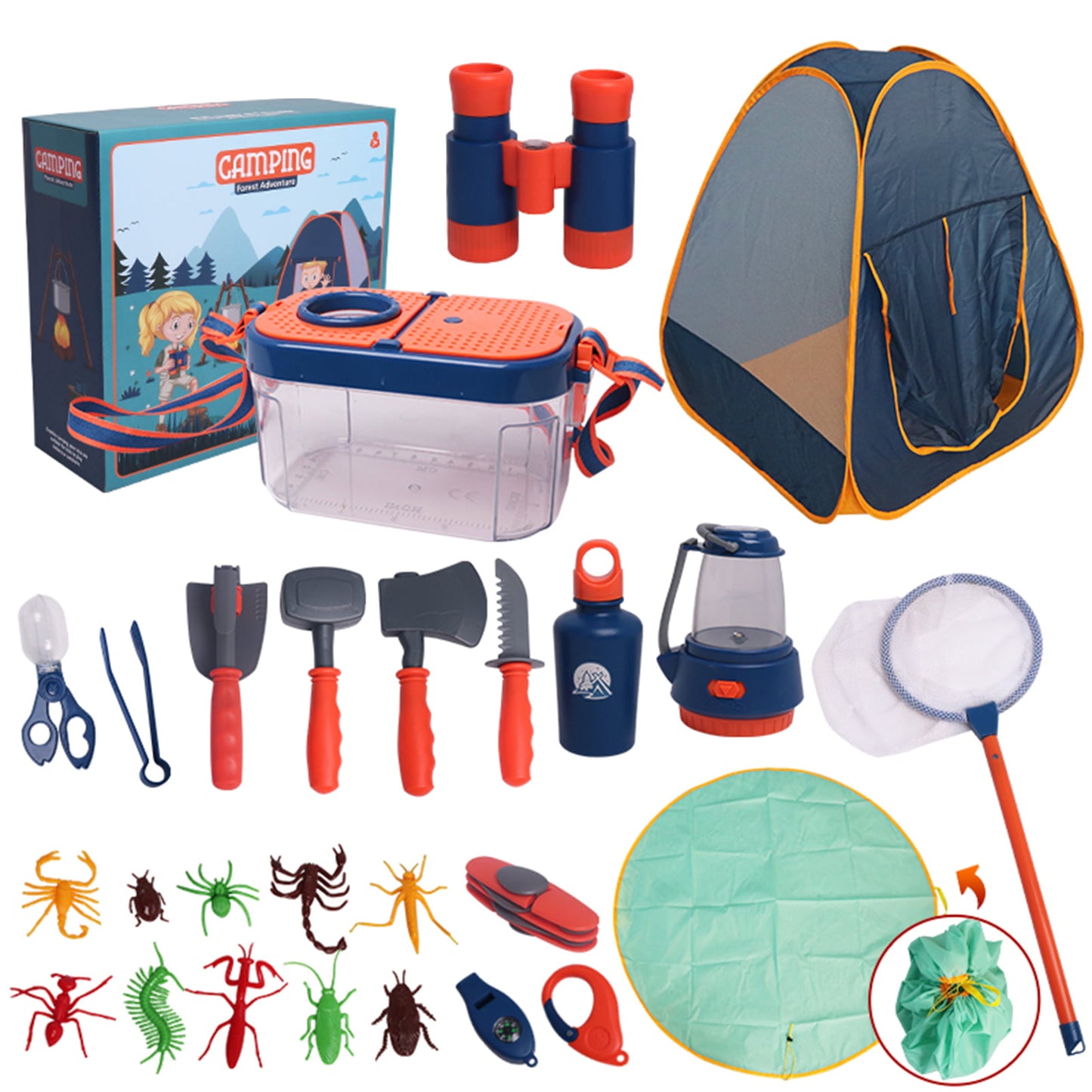 Yexmas Kids Camping Set with Tent 56pcs - Outdoor Campfire Toy Set for Toddlers Kids Boys Girls - Pretend Play Camp Gear Tools