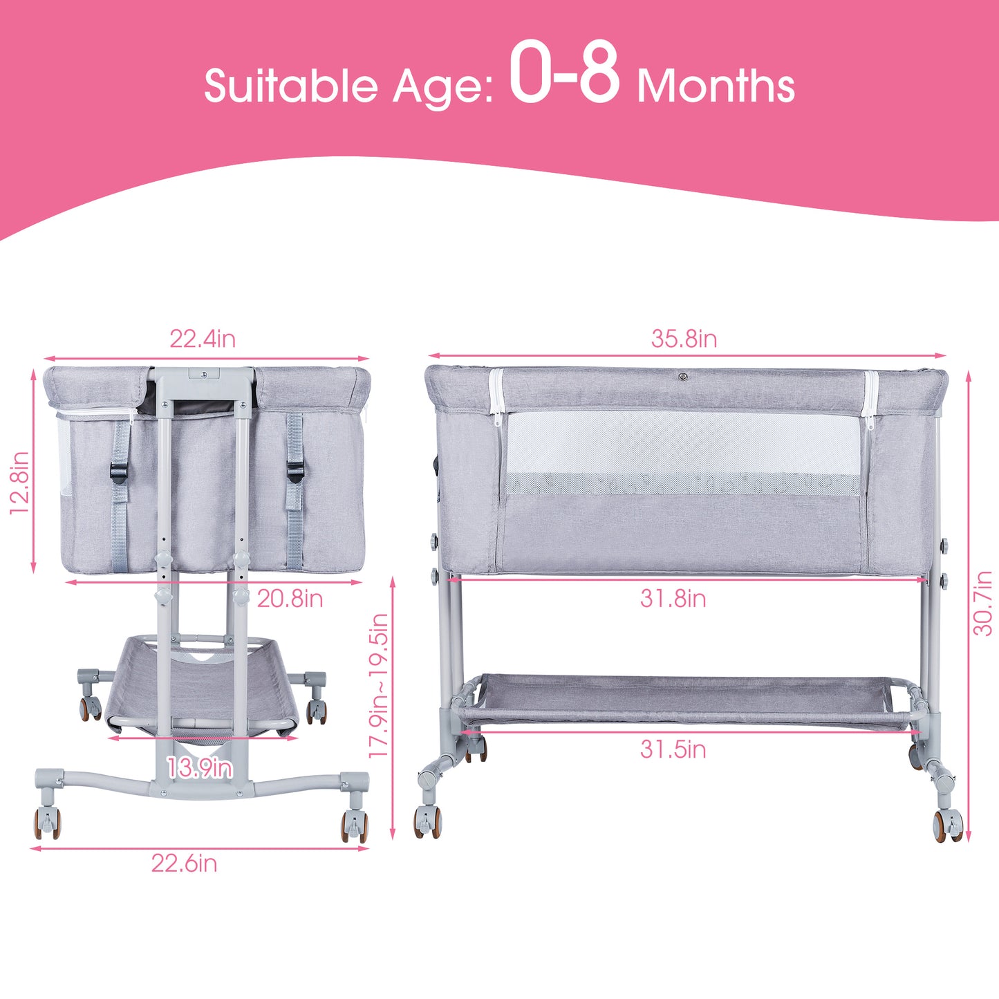 Baby Bassinet Bedside Sleeper Bedside Crib Easy to Assemble Crib All Mesh,Grey