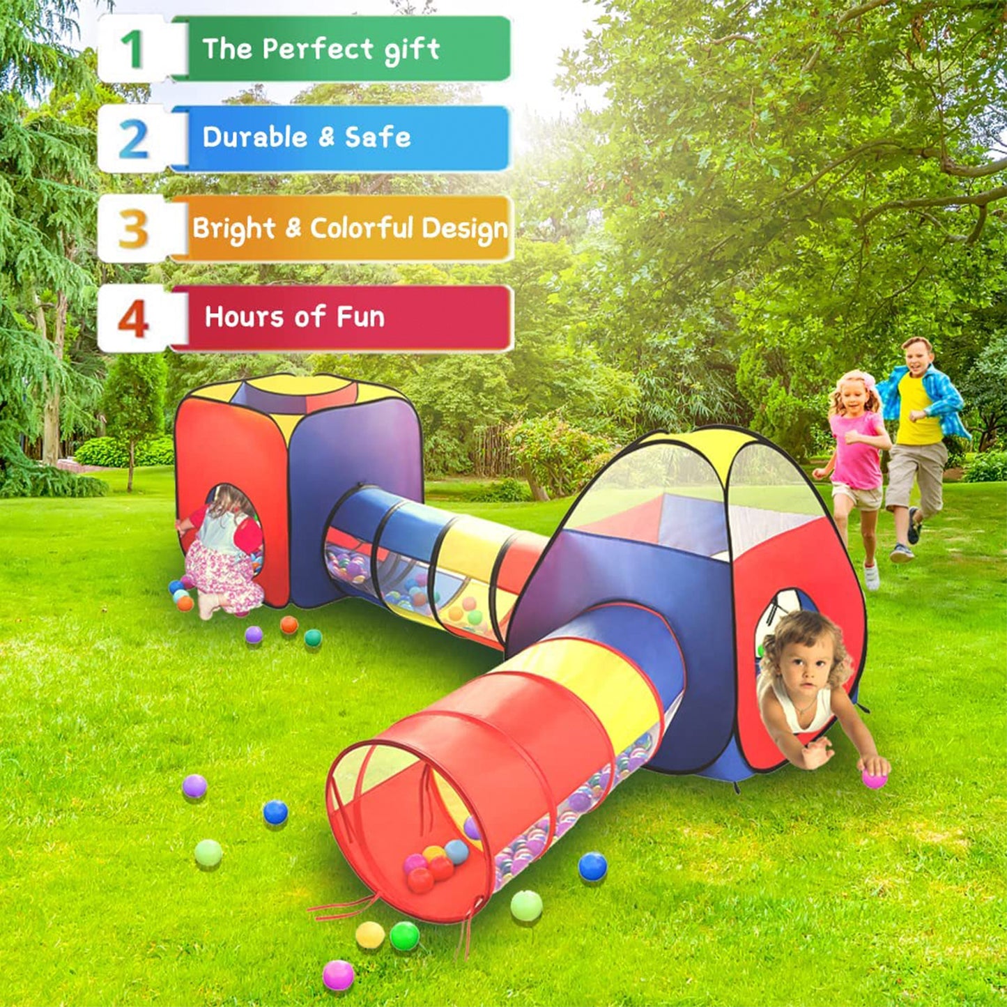 Yexmas 4 in 1 Kids Play Tent and Tunnels, Foldable Indoor Outdoor Pop Up Ball Pit, 2 Tents + 2 Crawl Tunnels Playhouse Tent Set for Boys Girls Kids(No Ball)