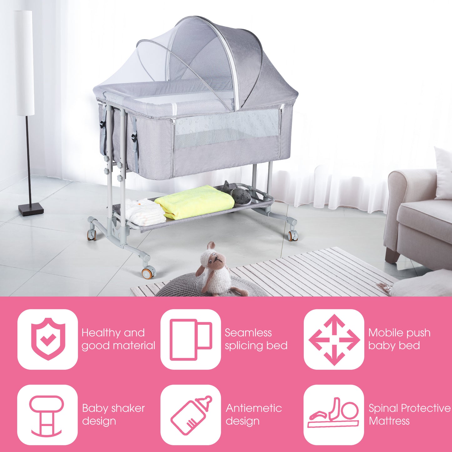 Baby Bassinet Bedside Sleeper Bedside Crib Easy to Assemble Crib All Mesh,Grey