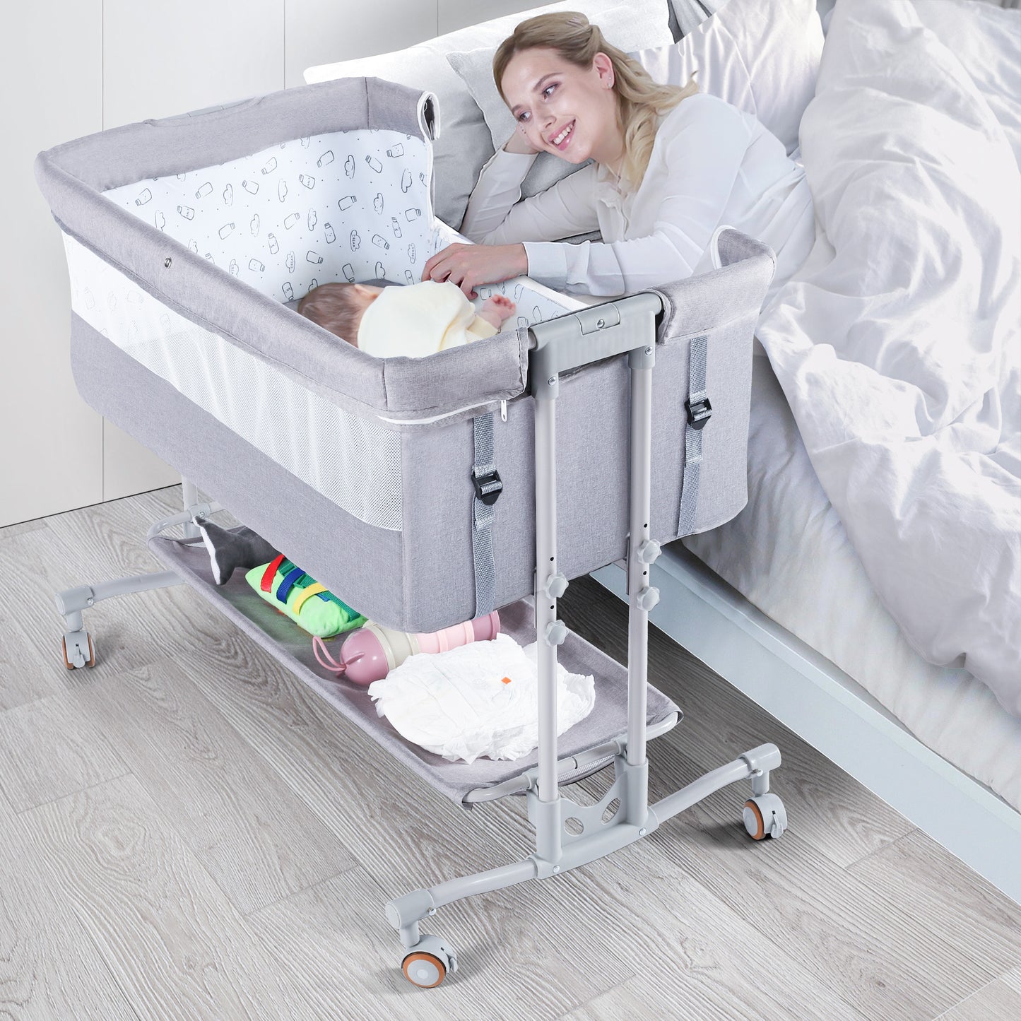 Baby Bassinet Bedside Sleeper Bedside Crib Easy to Assemble Crib All Mesh,Grey